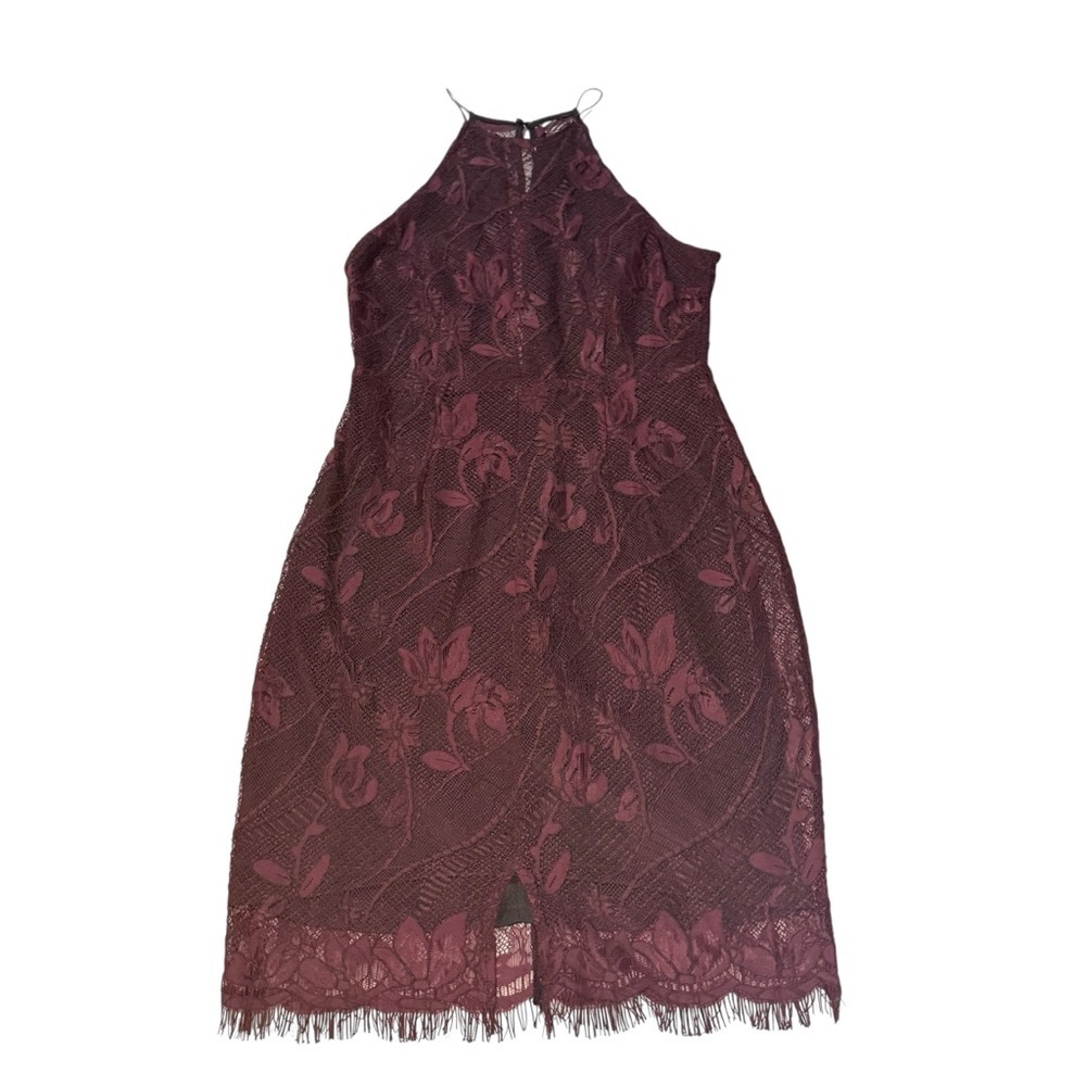 ASTR The Label Medium Burgundy Lace Halter Fringe Hem Cocktail Dress Romantic - Picture 2 of 11